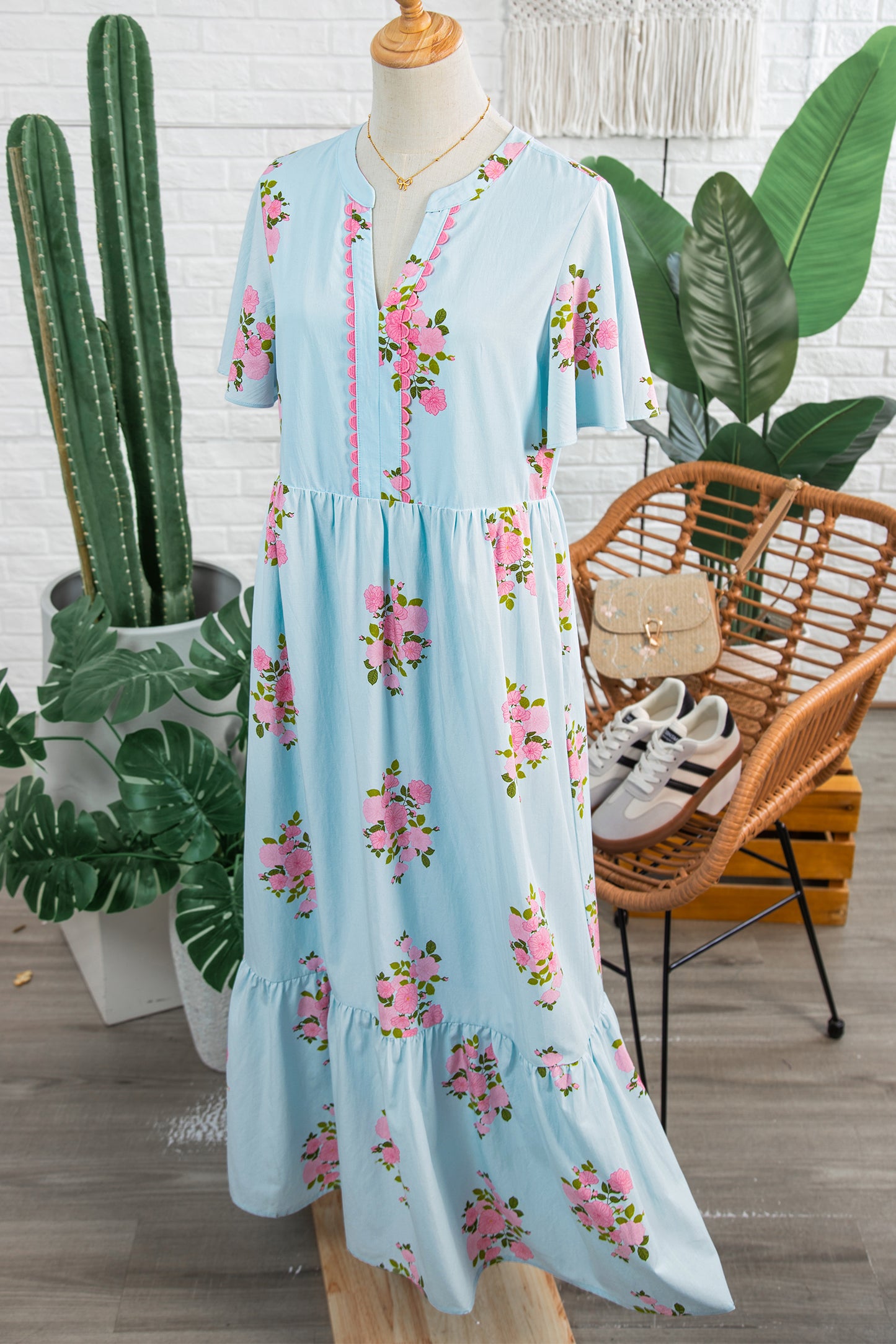Sky Blue Notched Neck Flutter Short Sleeve Floral Print Maxi Dress