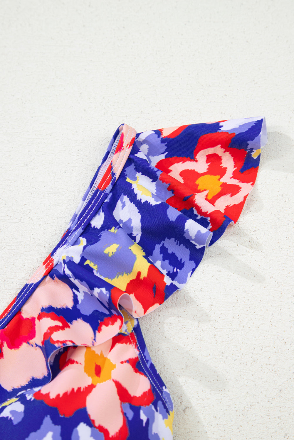 Blue Floral Ruffle Trim V Neck Lace-up Back Tummy Control One Piece Swimsuit