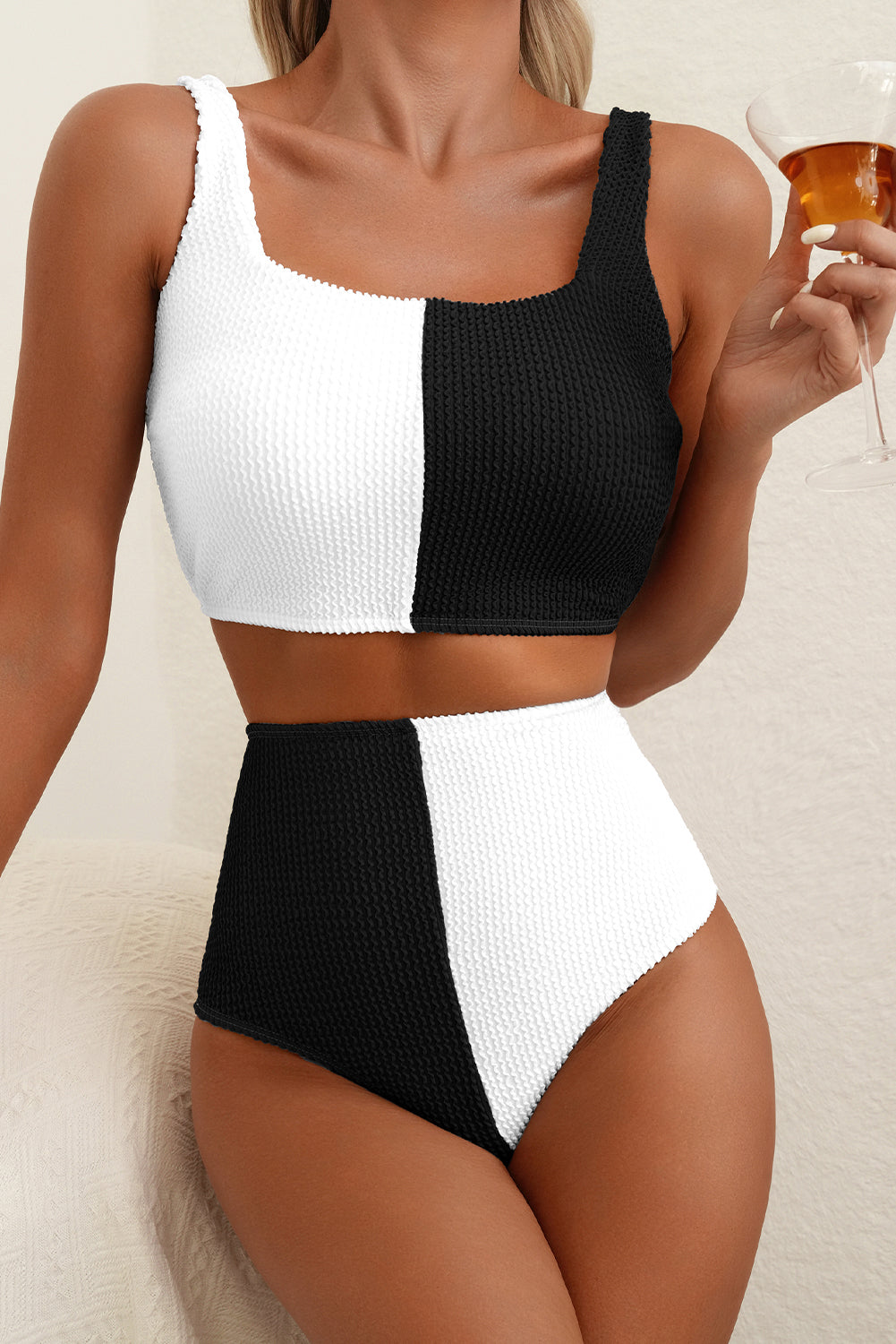 White Corded Colorblock Square Neck Bikini Swimsuit