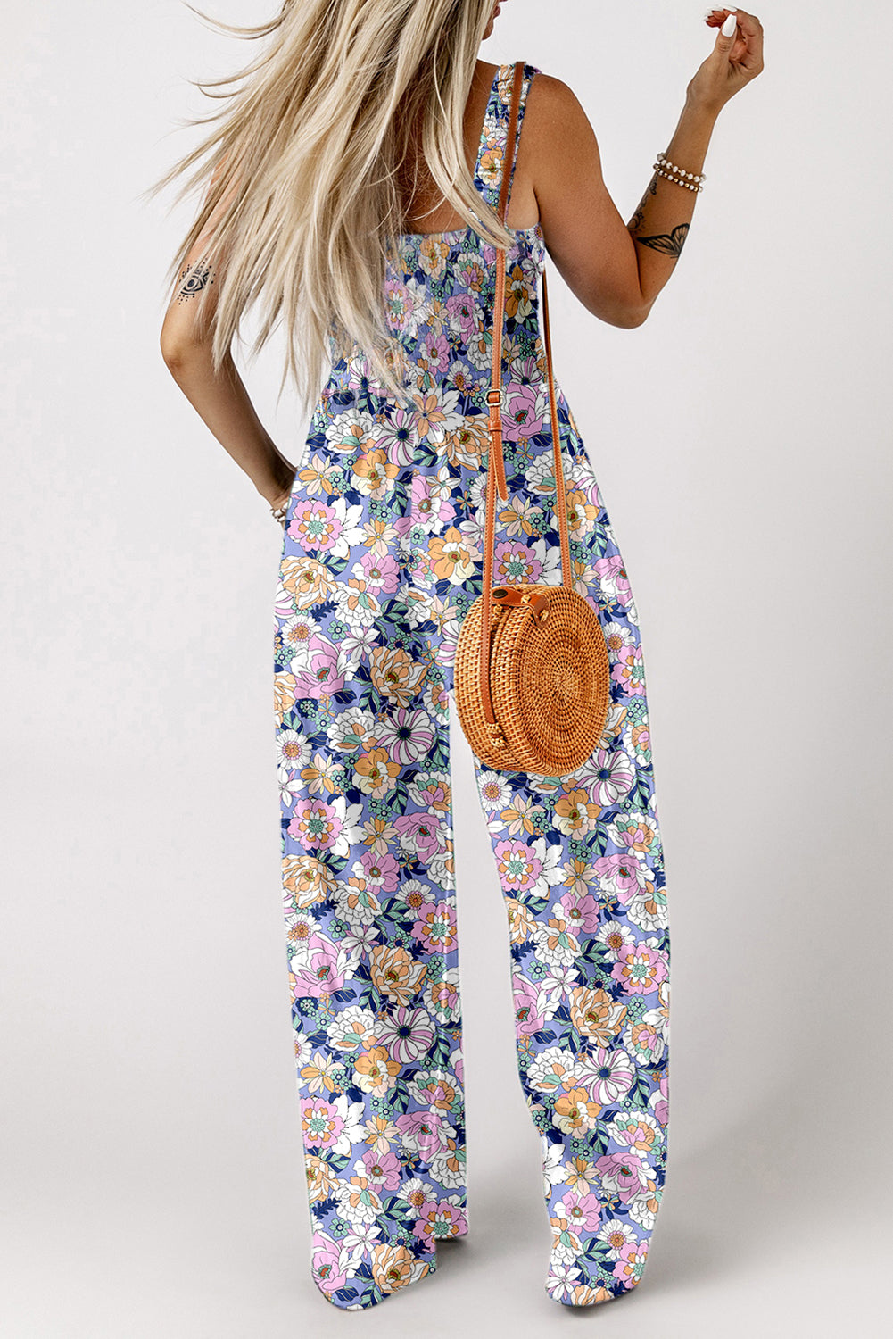 Black Floral Print Smocked High Waist Square Neck Jumpsuit