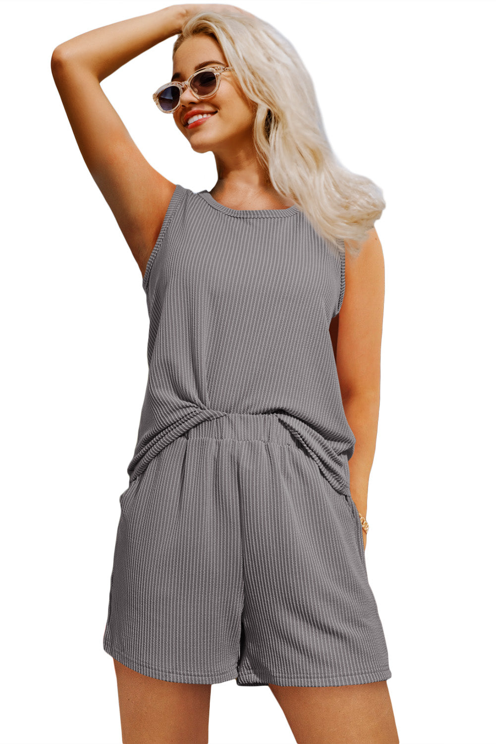 Smoke Gray Corded Sleeveless Top and Pocketed Shorts Set