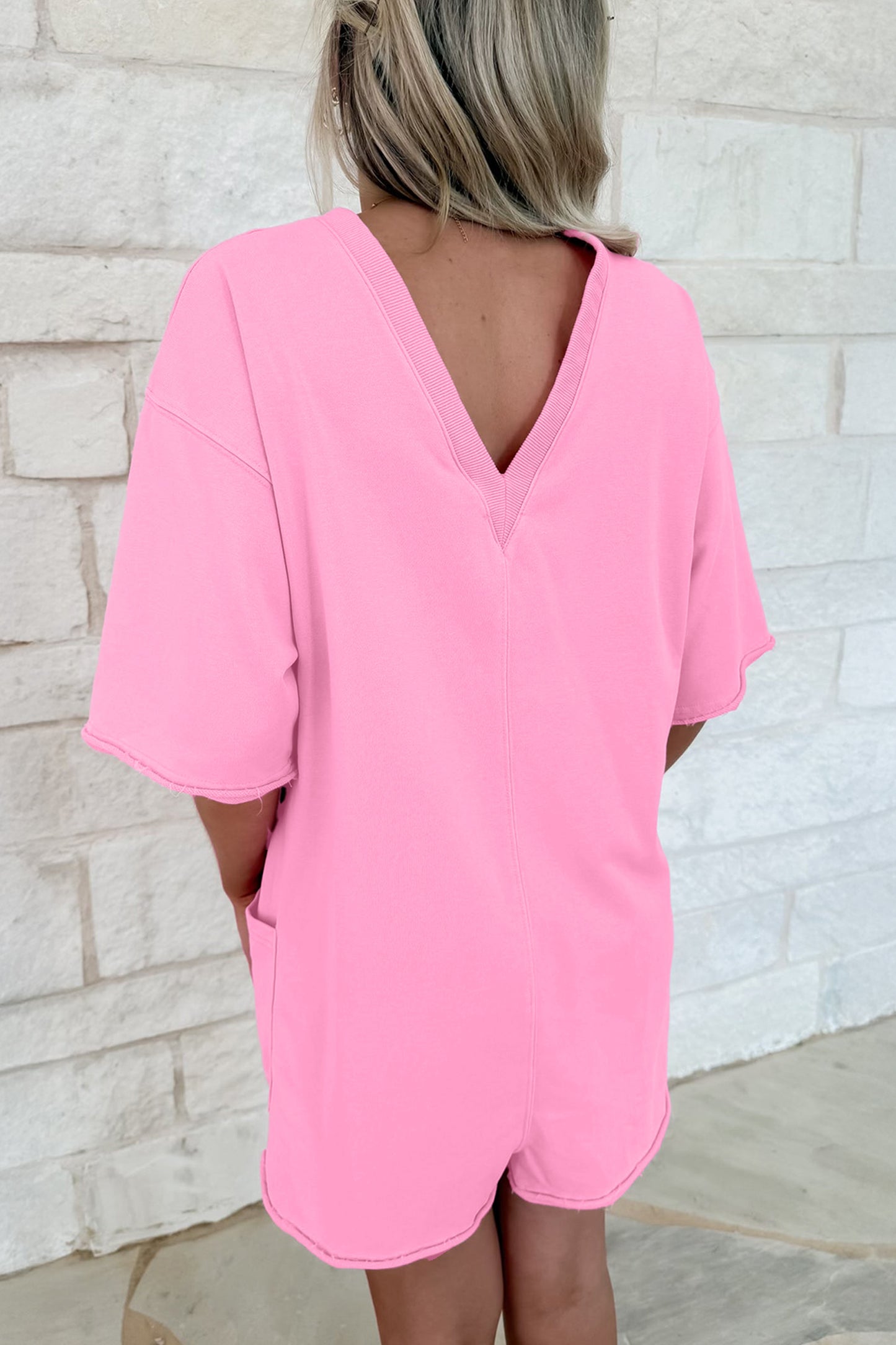 Bright Green Solid Color Raw Edge Half Sleeve Pocketed Loose Romper