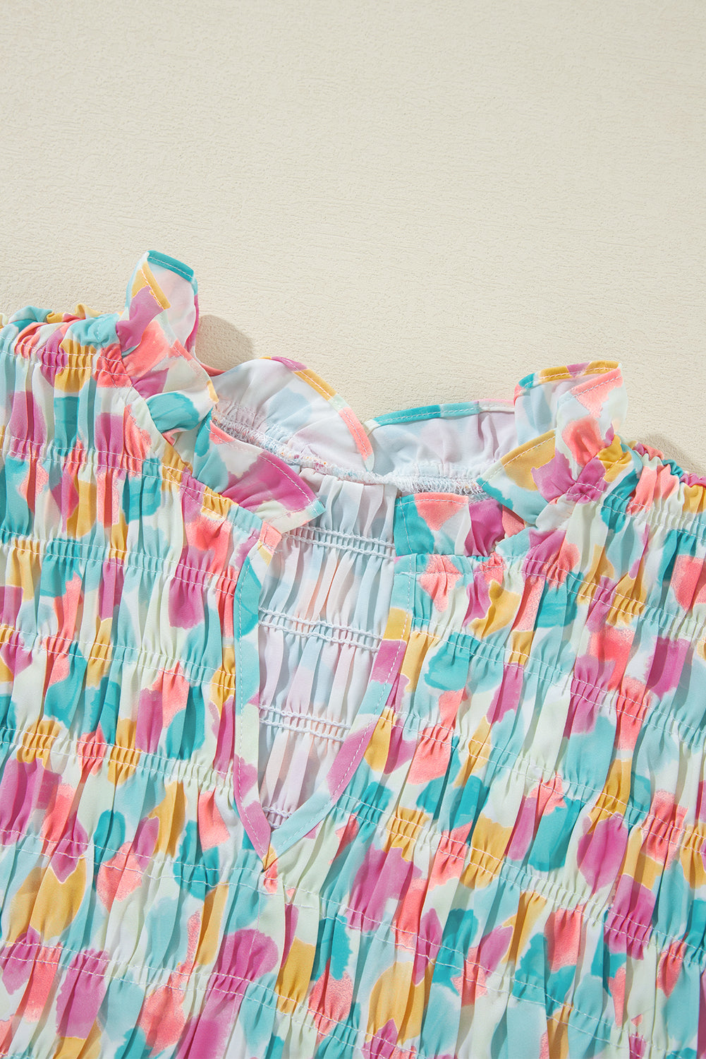 Sky Blue Shirred Yoke Ruffled Abstract Printed Blouse