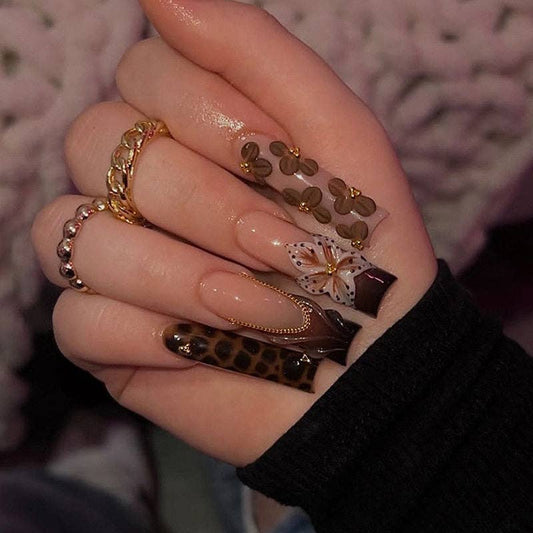 3D Leopard Print French False Nails