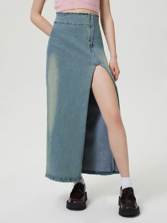 Slit Denim Skirt with Zip