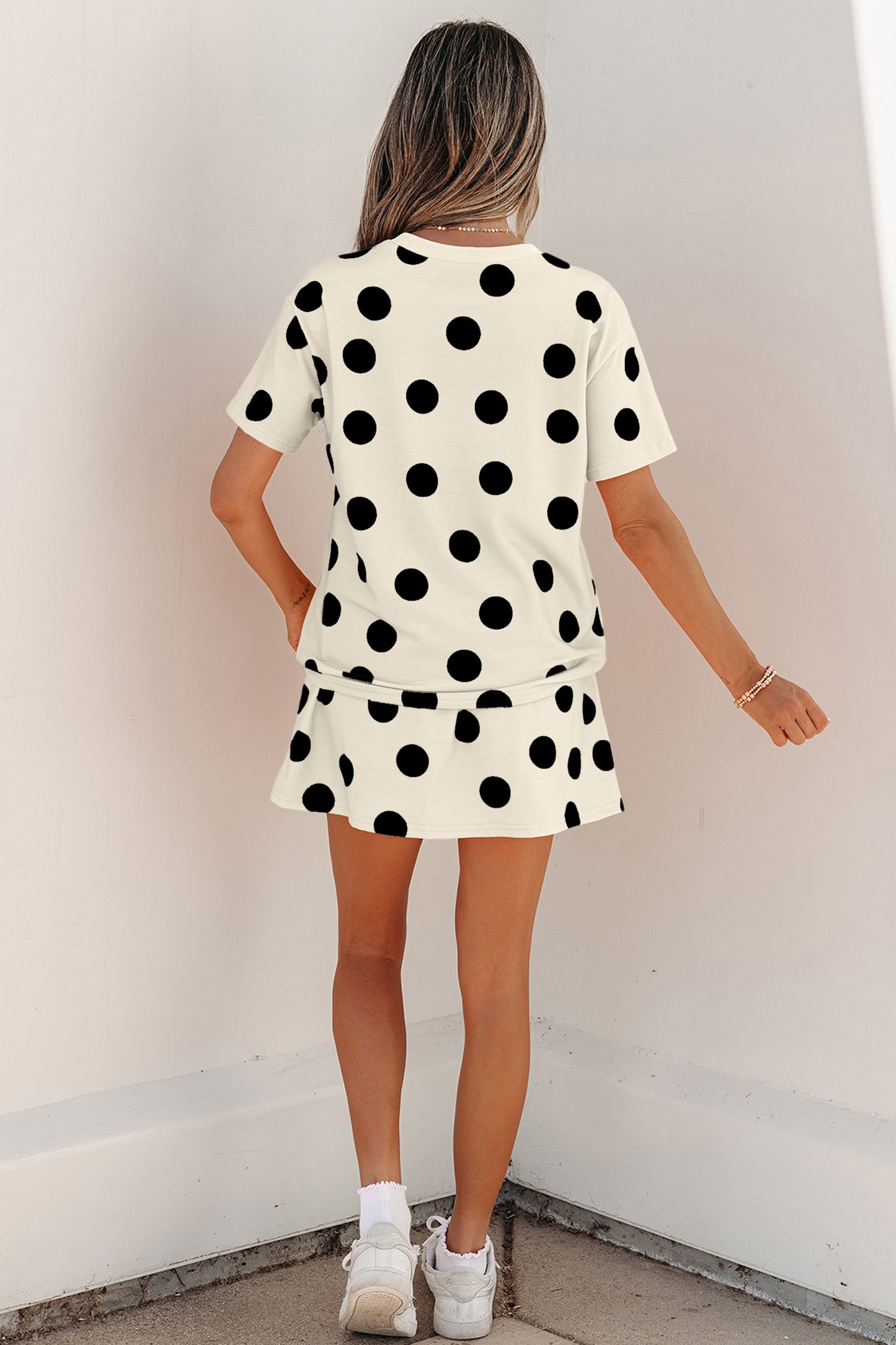 Sky Blue Polka Dot Short Sleeve Top Casual Skort 2pcs Outfit