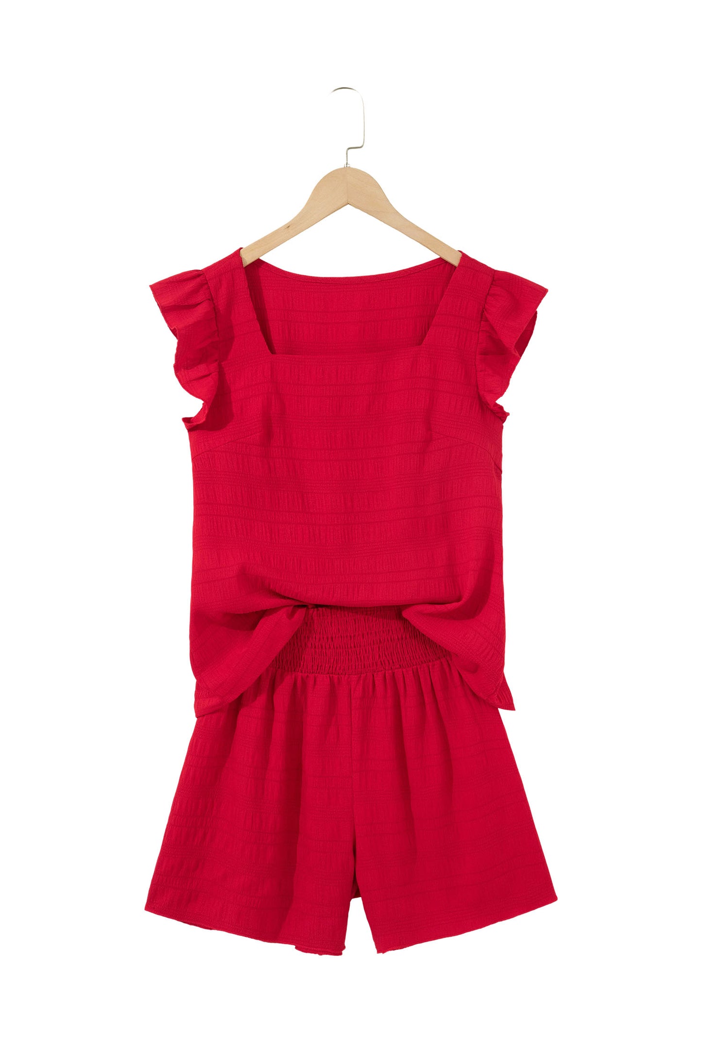 Peach Blossom Textured Square Neck Top and Shirred High Waist Shorts Set
