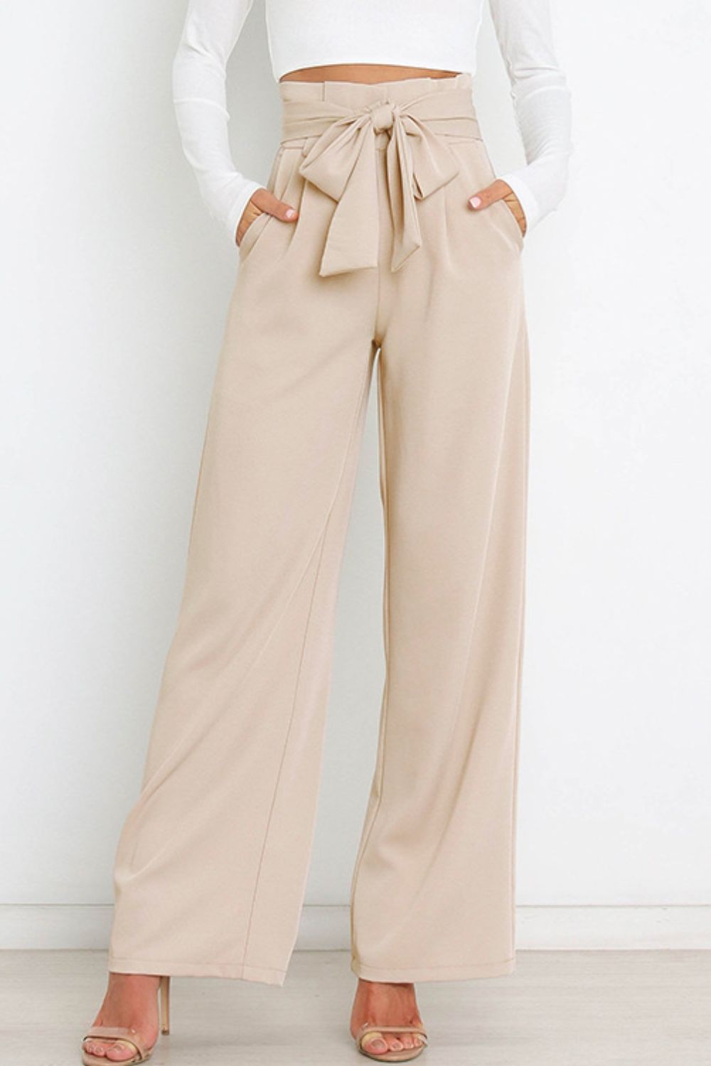 Tie Front Paperbag Wide Leg Pants