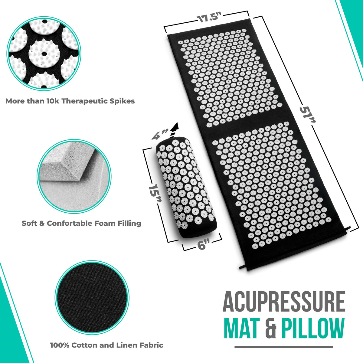 X-Large Acupressure Mat and Pillow Set with Bag, Black