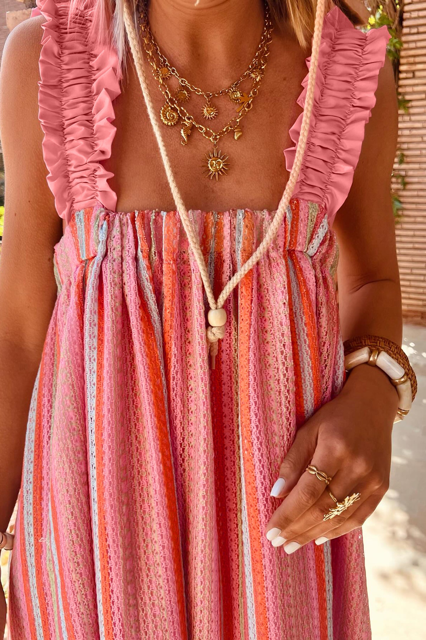 Pink Stripe Ruffled Straps Ribbon Knot Flowy Vacation Maxi Dress