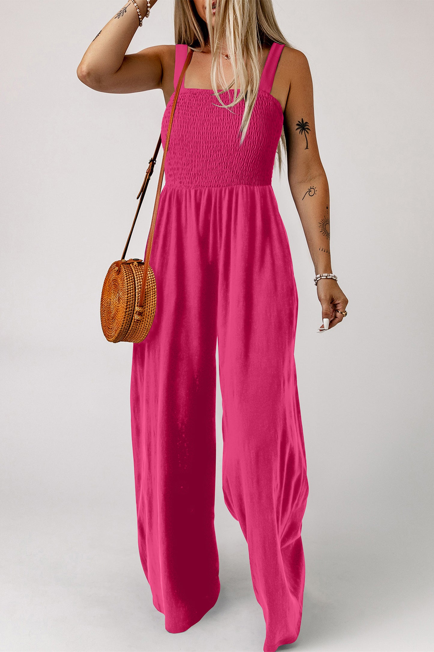 Purple Orchid Smocked Square Neck Sleeveless Jumpsuit with Pockets