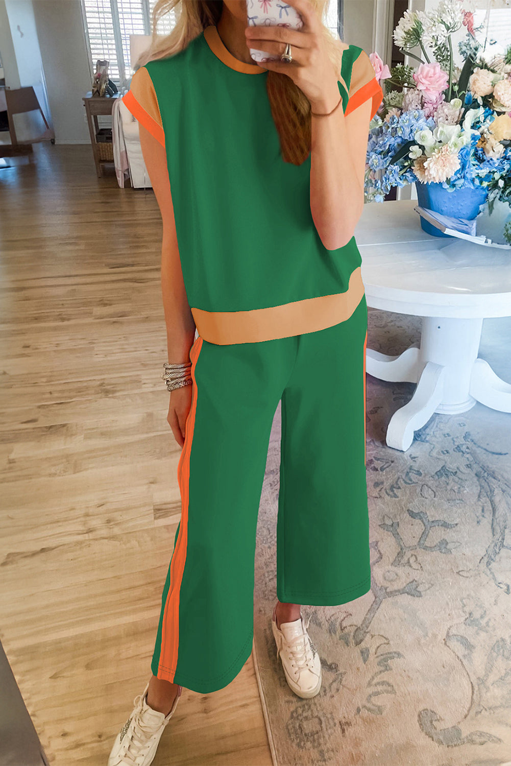 Strawberry Pink Color Block Detail Casual Two-piece Set