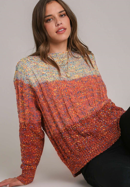 Cable-Knit Color Block Round Neck Long Sleeve Sweater