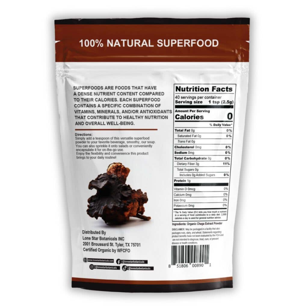 Lone Star Botanicals Organic Chaga Mushroom Powder 3.5oz