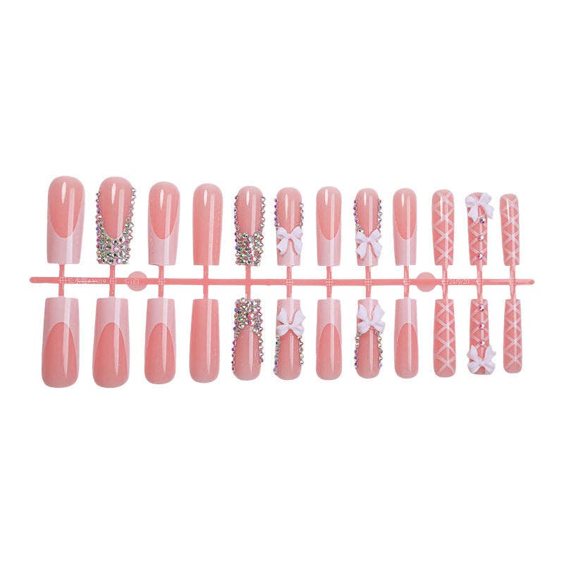 24Pcs Butterfly Bow Glitter False Nails Long Length