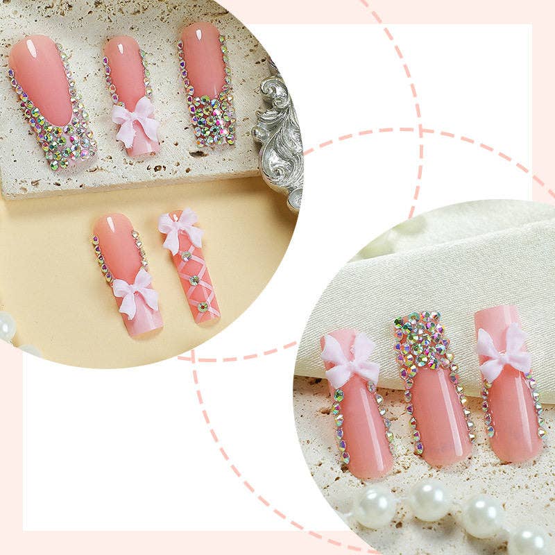 24Pcs Butterfly Bow Glitter False Nails Long Length