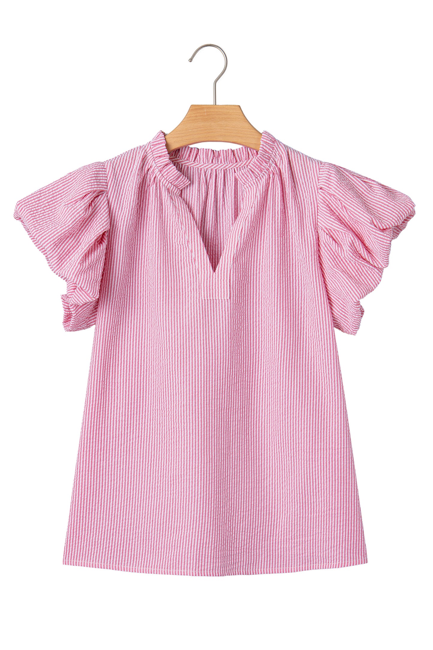 Rose Stripe Short Bubble Sleeve Split V Neck Blouse