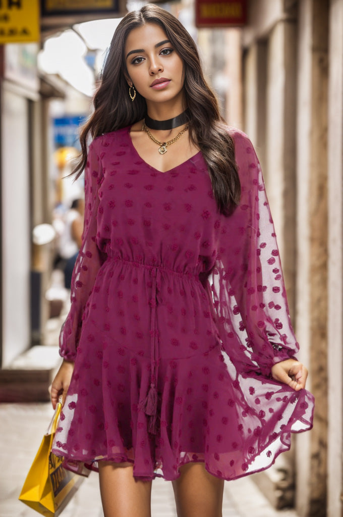 Swiss Dot V-Neck Balloon Sleeve Dress