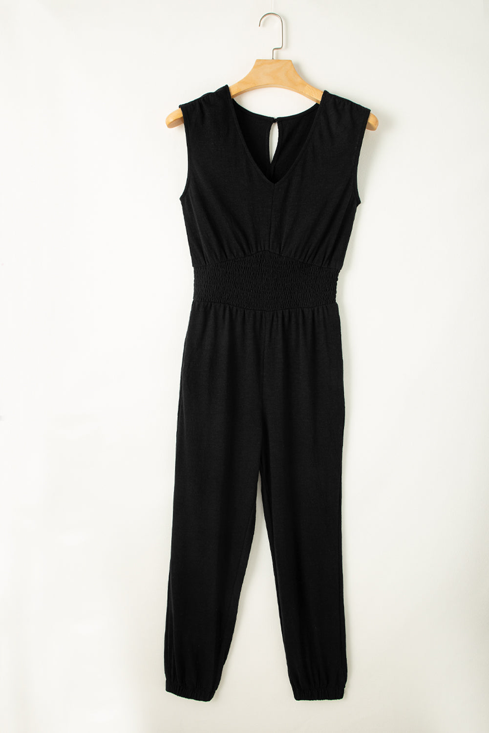 Black Shirred High Waist Sleeveless V Neck Jumpsuit