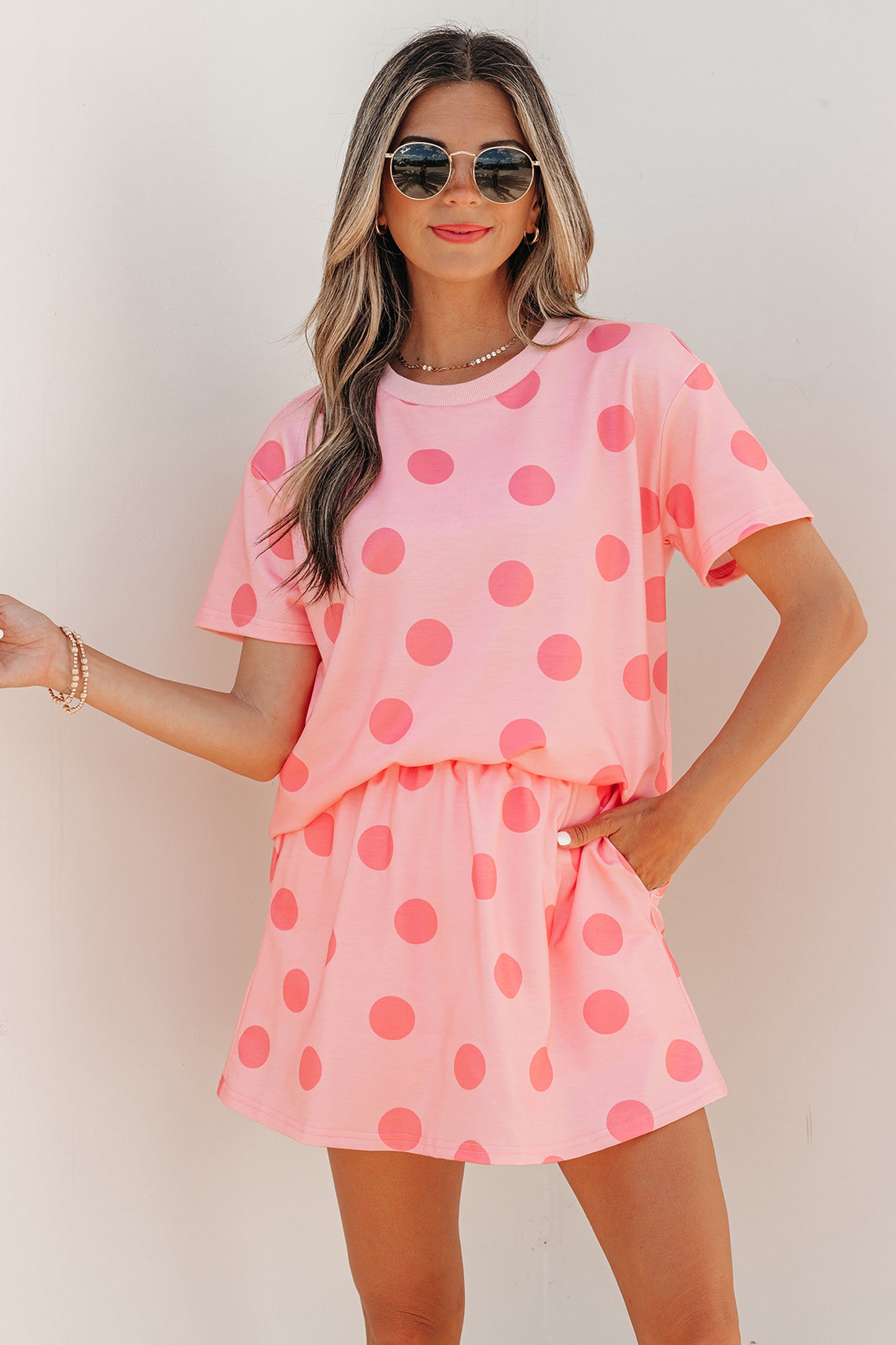Sky Blue Polka Dot Short Sleeve Top Casual Skort 2pcs Outfit