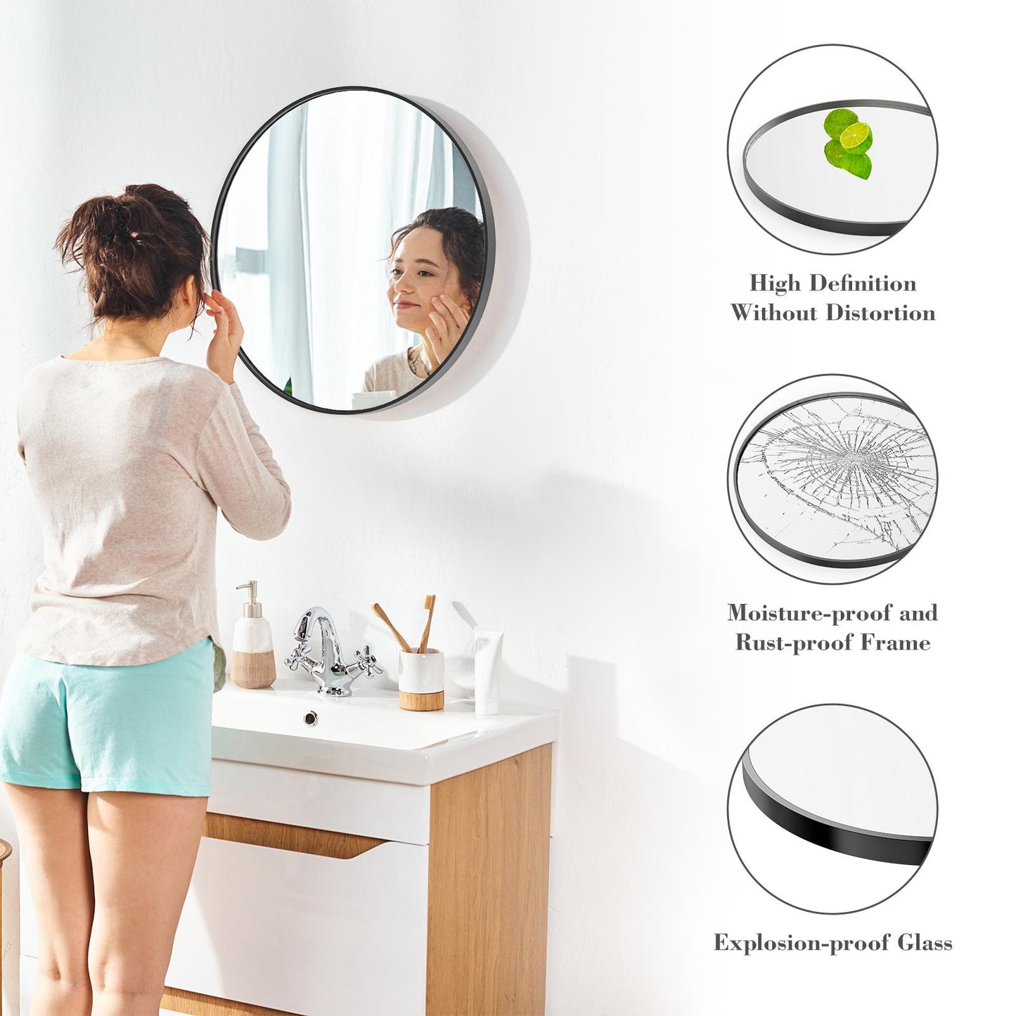 Black Round Wall Mirror 20 Inch, Bathroom Mirrors for Over Sink, Circle Mirror for Bathroom, Entryway, Bedroom, Vanity