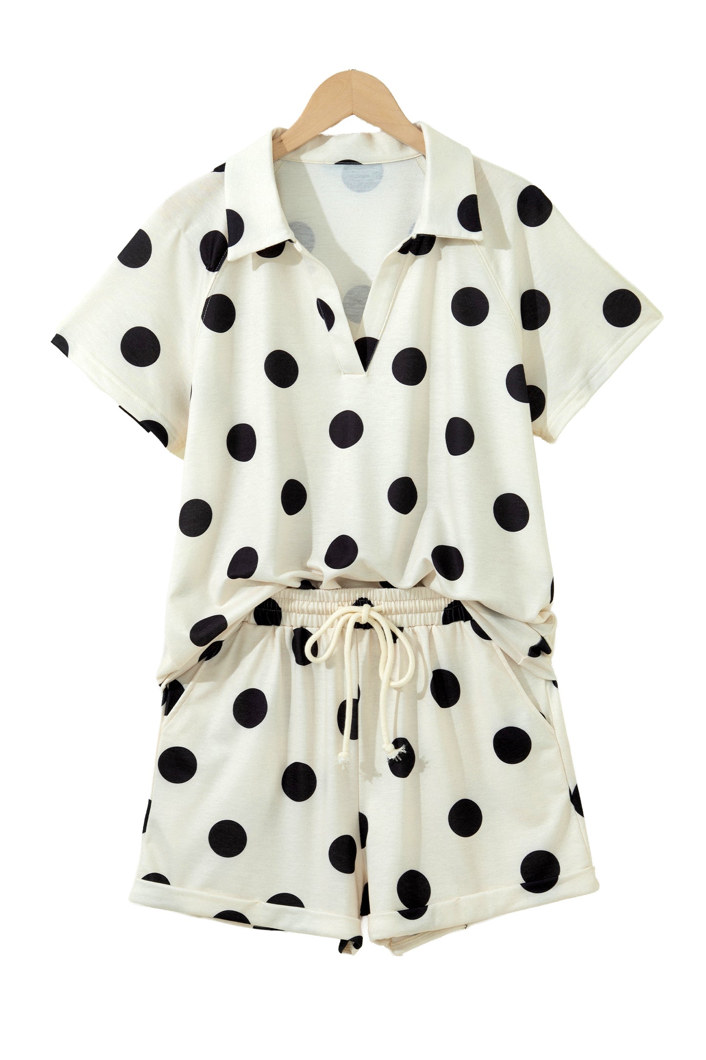 Green Polka Dot Print V Neck Tee Short Set