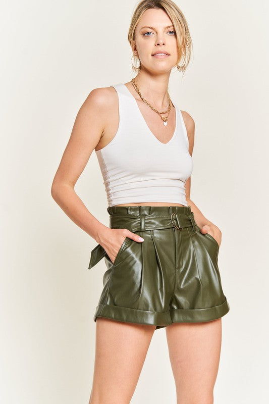 High-rise waist Belted Faux Leather Short JJB5001