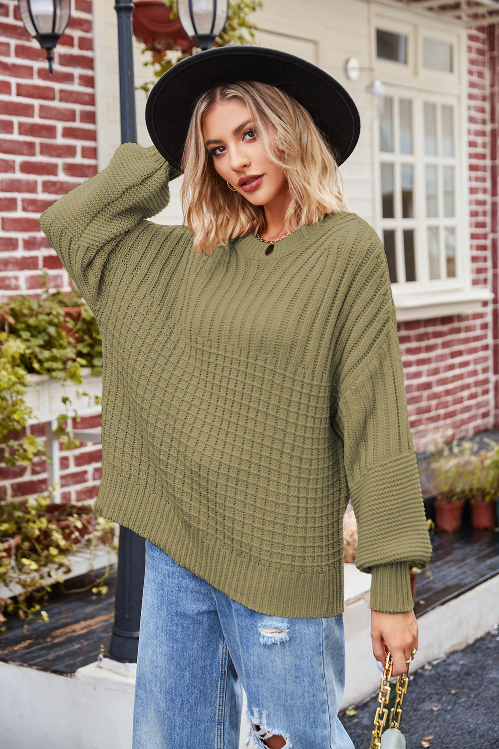 Ribbed Drop Shoulder Lantern Sleeve Sweater