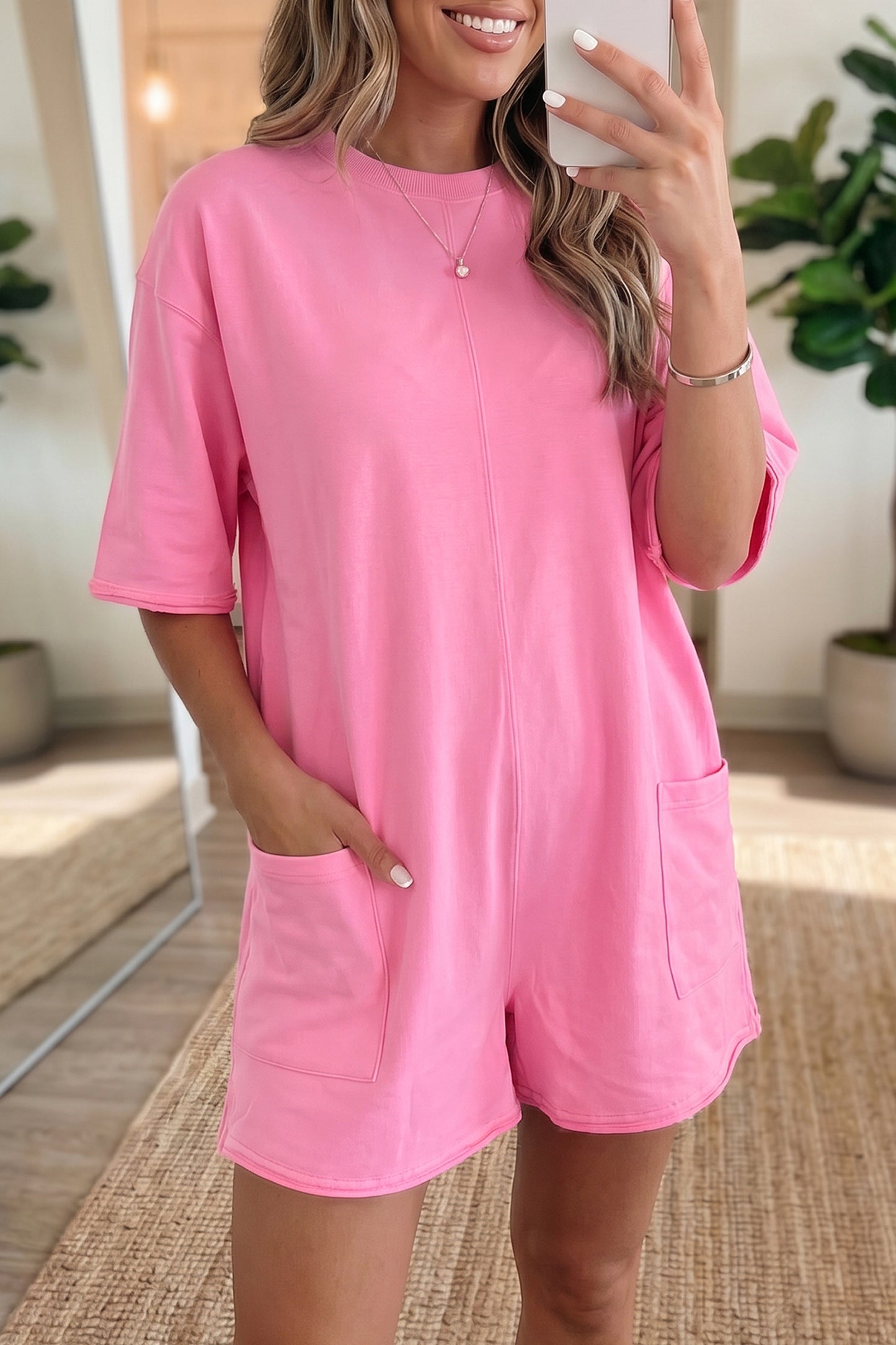 Bright Green Solid Color Raw Edge Half Sleeve Pocketed Loose Romper