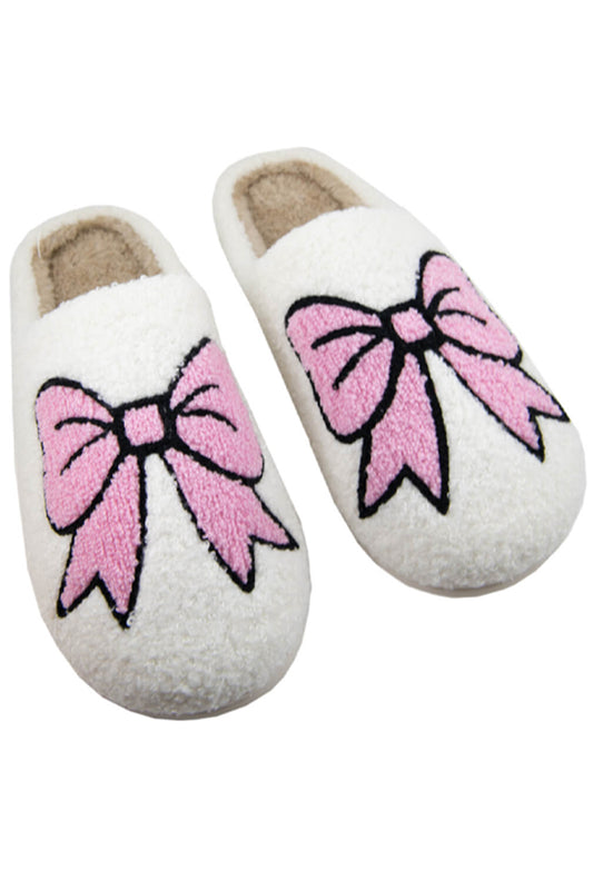 White Cute Bowknot Pattern Fuzzy Winter Home Slippers