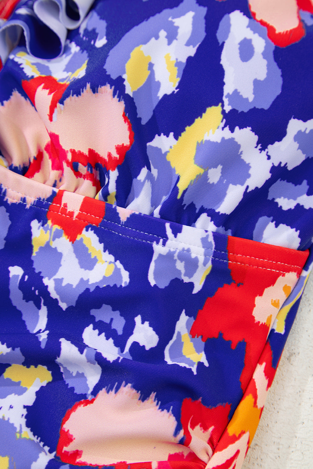 Blue Floral Ruffle Trim V Neck Lace-up Back Tummy Control One Piece Swimsuit