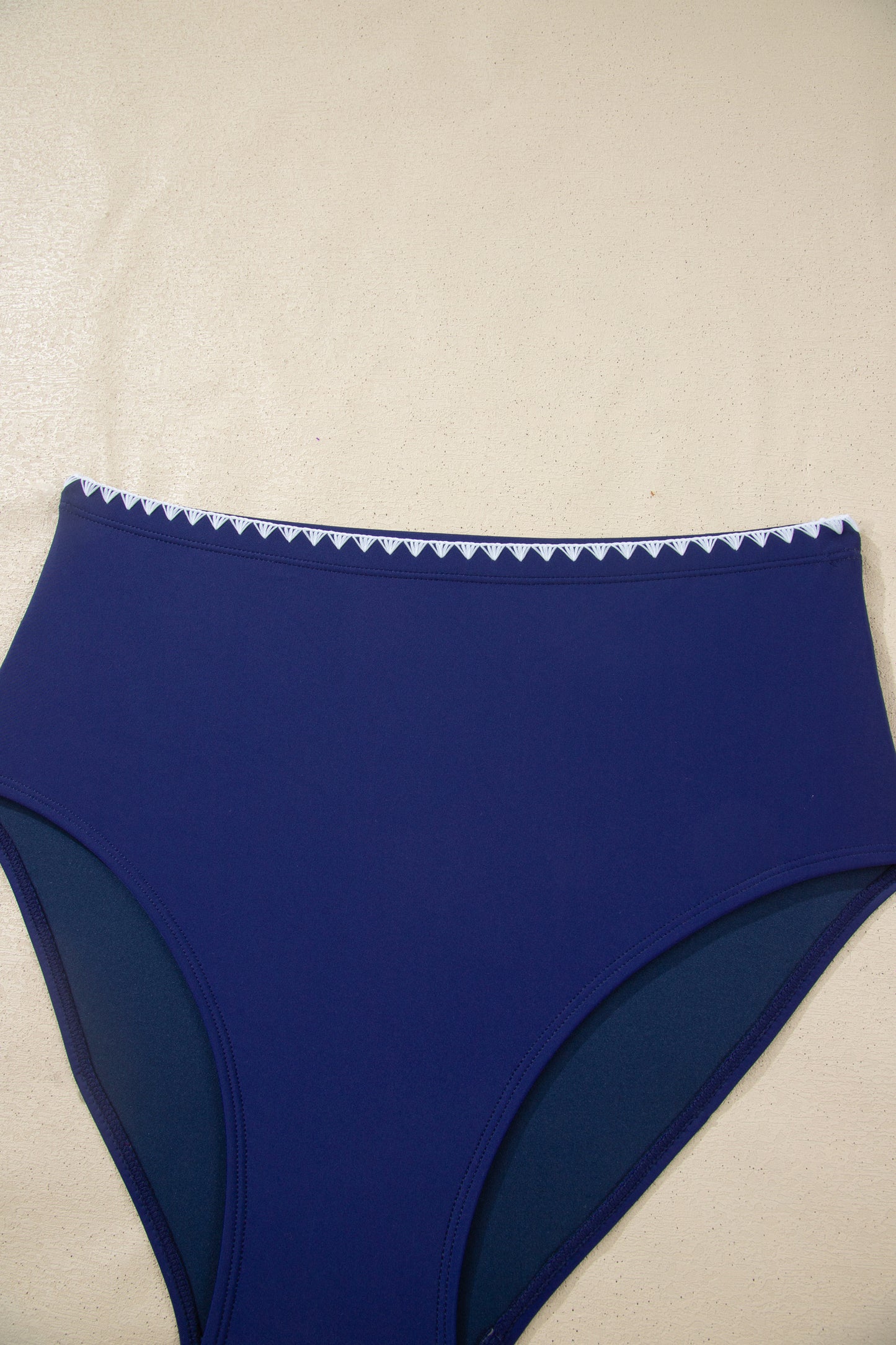 Pink Shell Stitched Trim V Neck Textured Mix and Match High Waist Bikinis