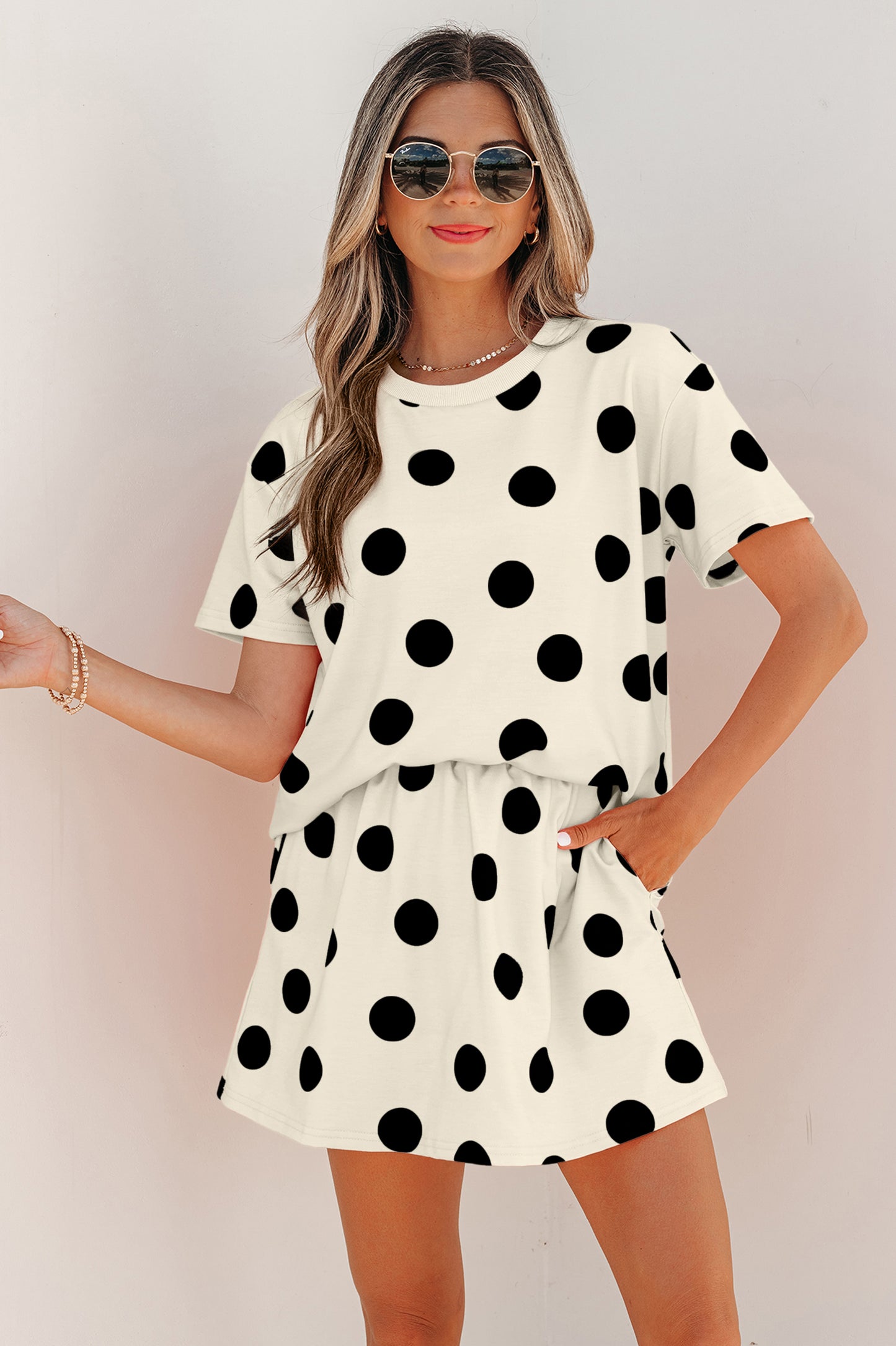 Sky Blue Polka Dot Short Sleeve Top Casual Skort 2pcs Outfit