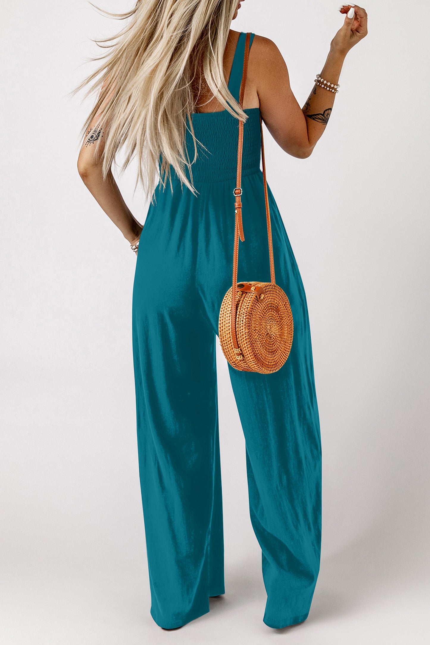 Purple Orchid Smocked Square Neck Sleeveless Jumpsuit with Pockets
