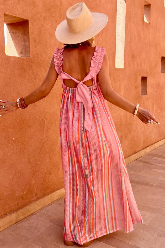 Pink Stripe Ruffled Straps Ribbon Knot Flowy Vacation Maxi Dress