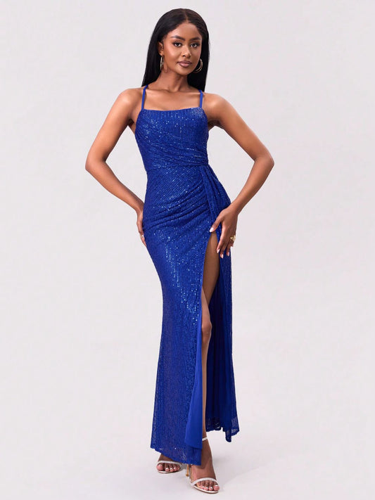 Slit Sequin Square Neck Spaghetti Strap Dress