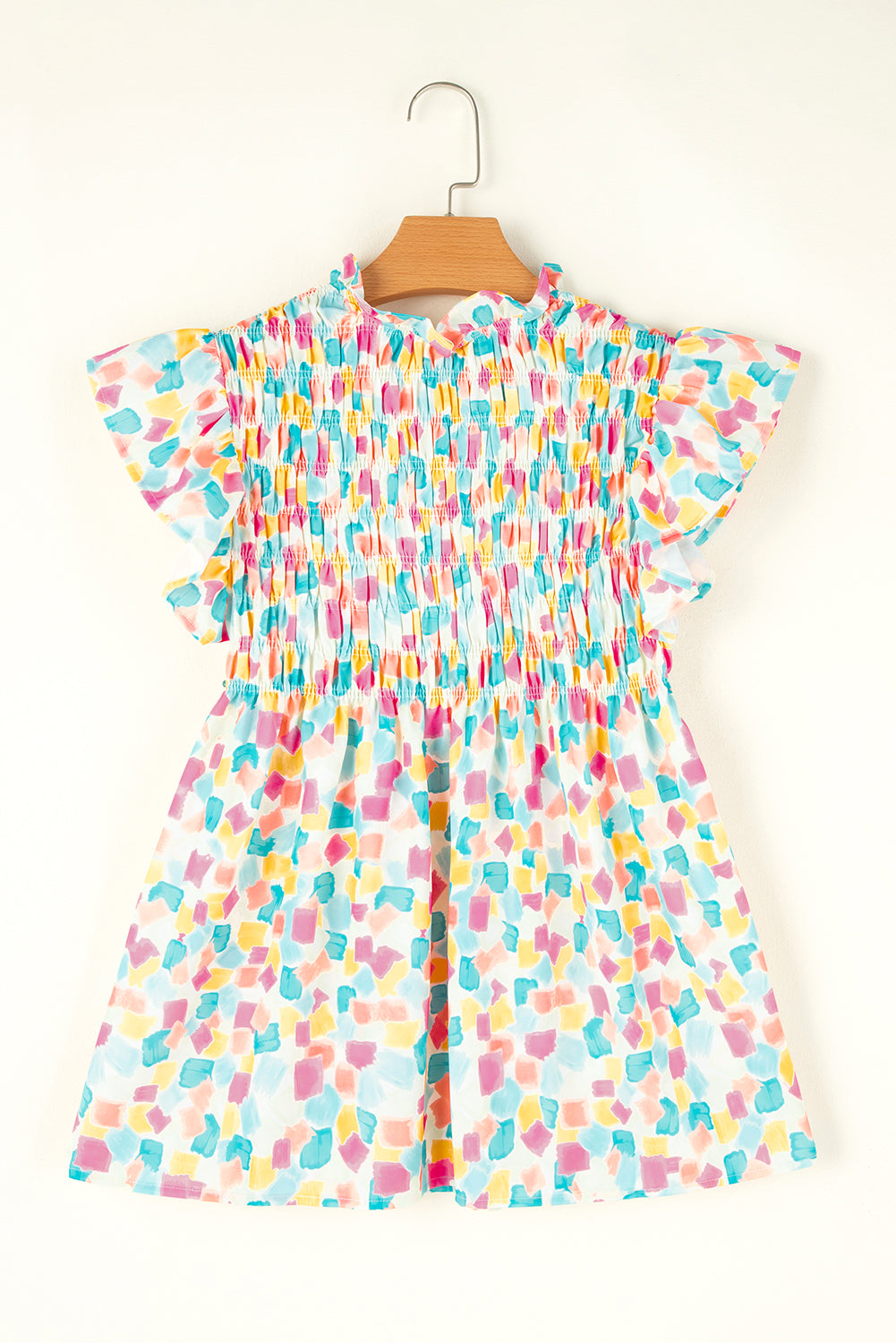 Sky Blue Shirred Yoke Ruffled Abstract Printed Blouse