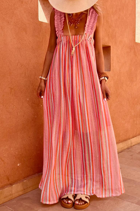 Pink Stripe Ruffled Straps Ribbon Knot Flowy Vacation Maxi Dress
