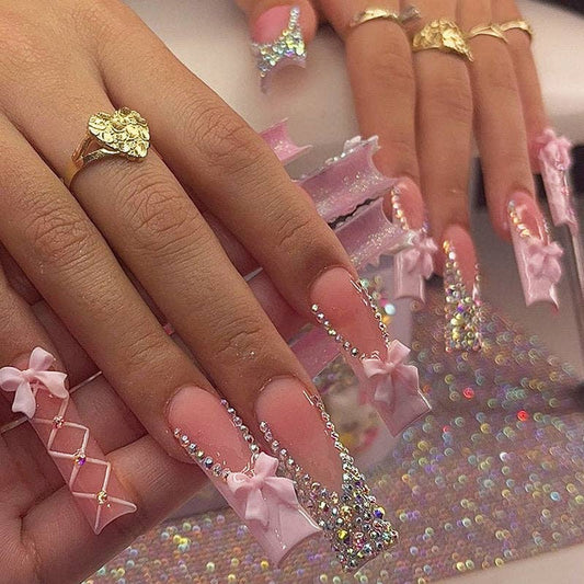 24Pcs Butterfly Bow Glitter False Nails Long Length