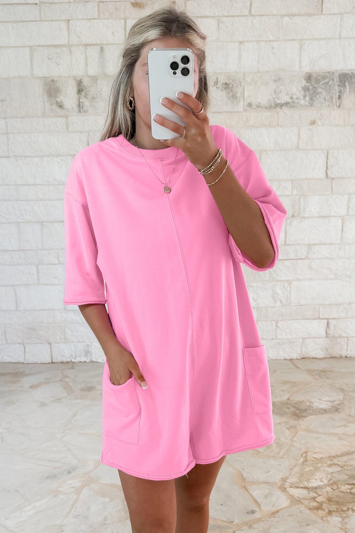 Bright Green Solid Color Raw Edge Half Sleeve Pocketed Loose Romper