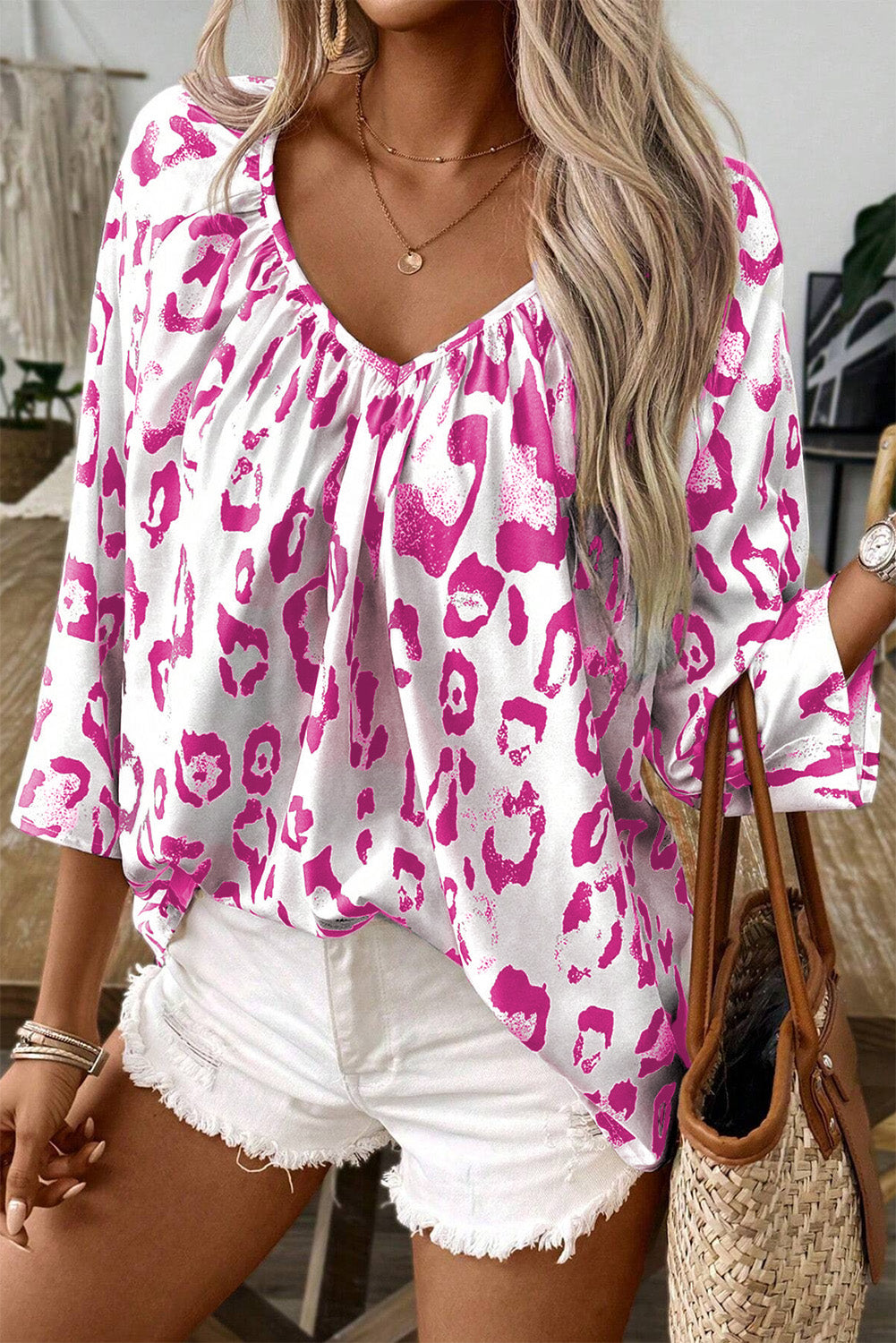 Black Leopard Print Ruched V Neck 3/4 Sleeve Blouse