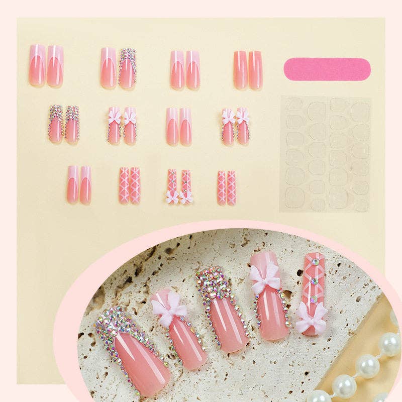 24Pcs Butterfly Bow Glitter False Nails Long Length