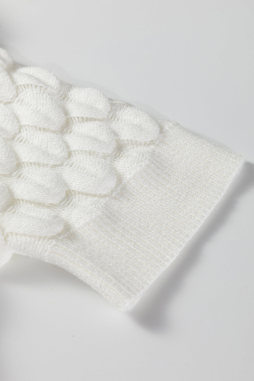 White Fish Scale Textured Knit Ribbed High Neck Short Sleeve Sweater