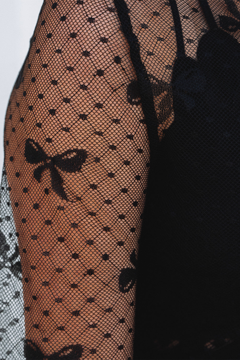 Black Bow Pattern Accent Mesh Long Sleeve Top