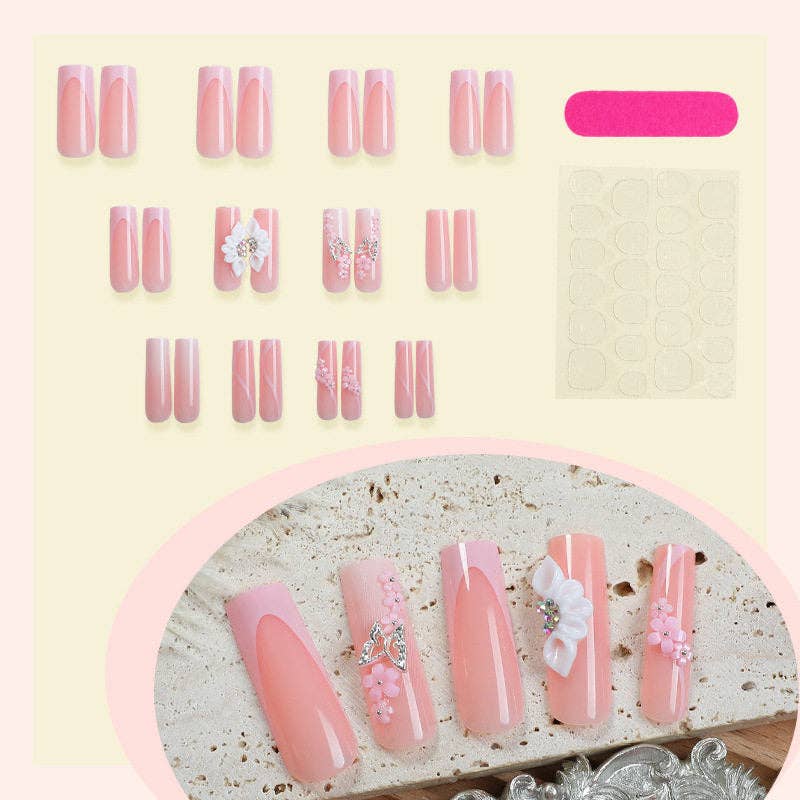 European American Style Flower Diamond Press-On Nails 24Pcs
