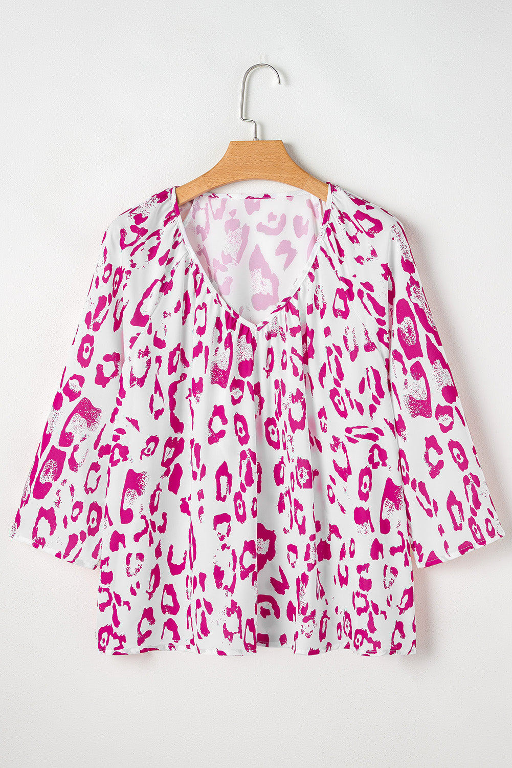 Black Leopard Print Ruched V Neck 3/4 Sleeve Blouse