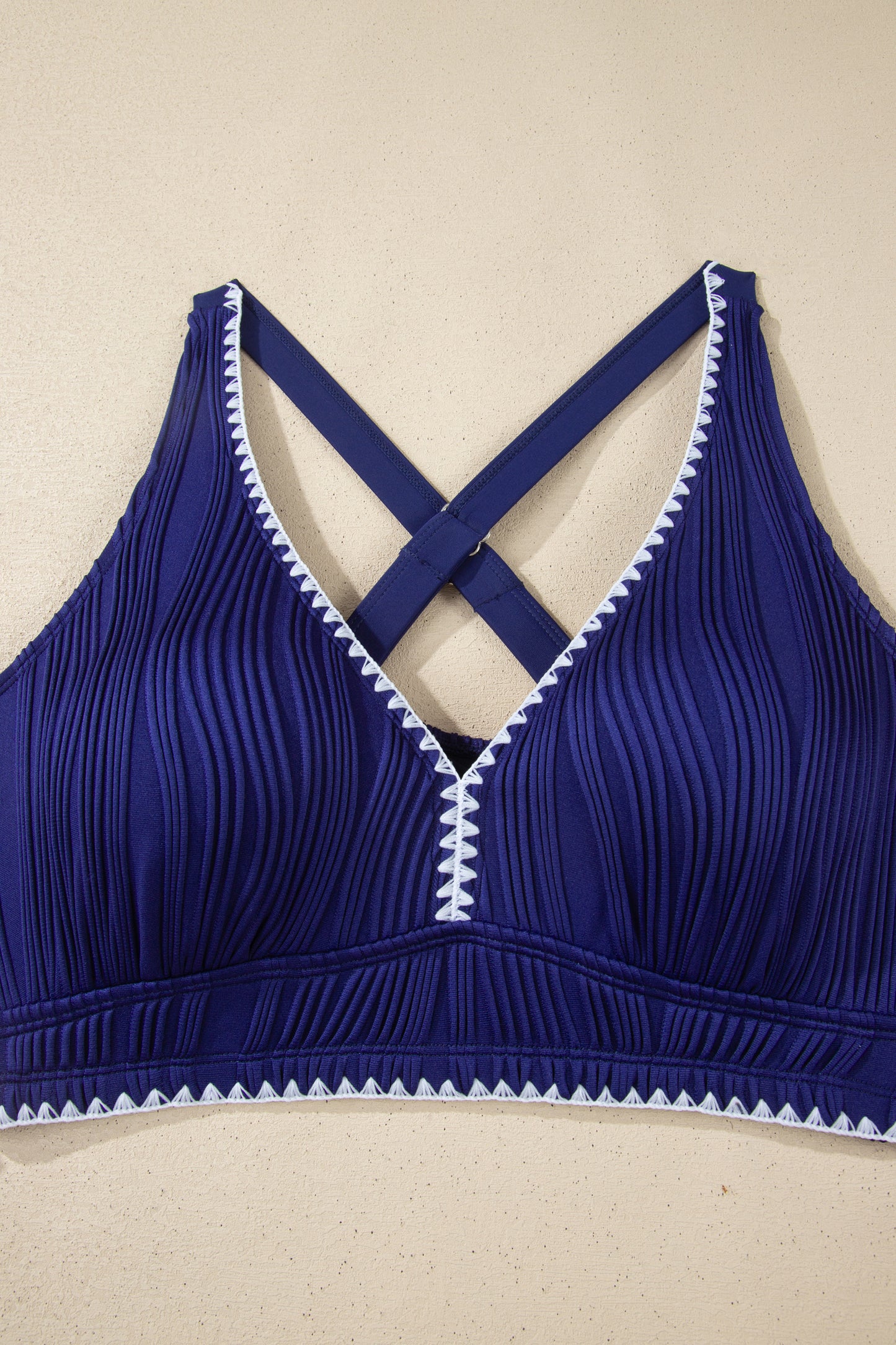 Pink Shell Stitched Trim V Neck Textured Mix and Match High Waist Bikinis