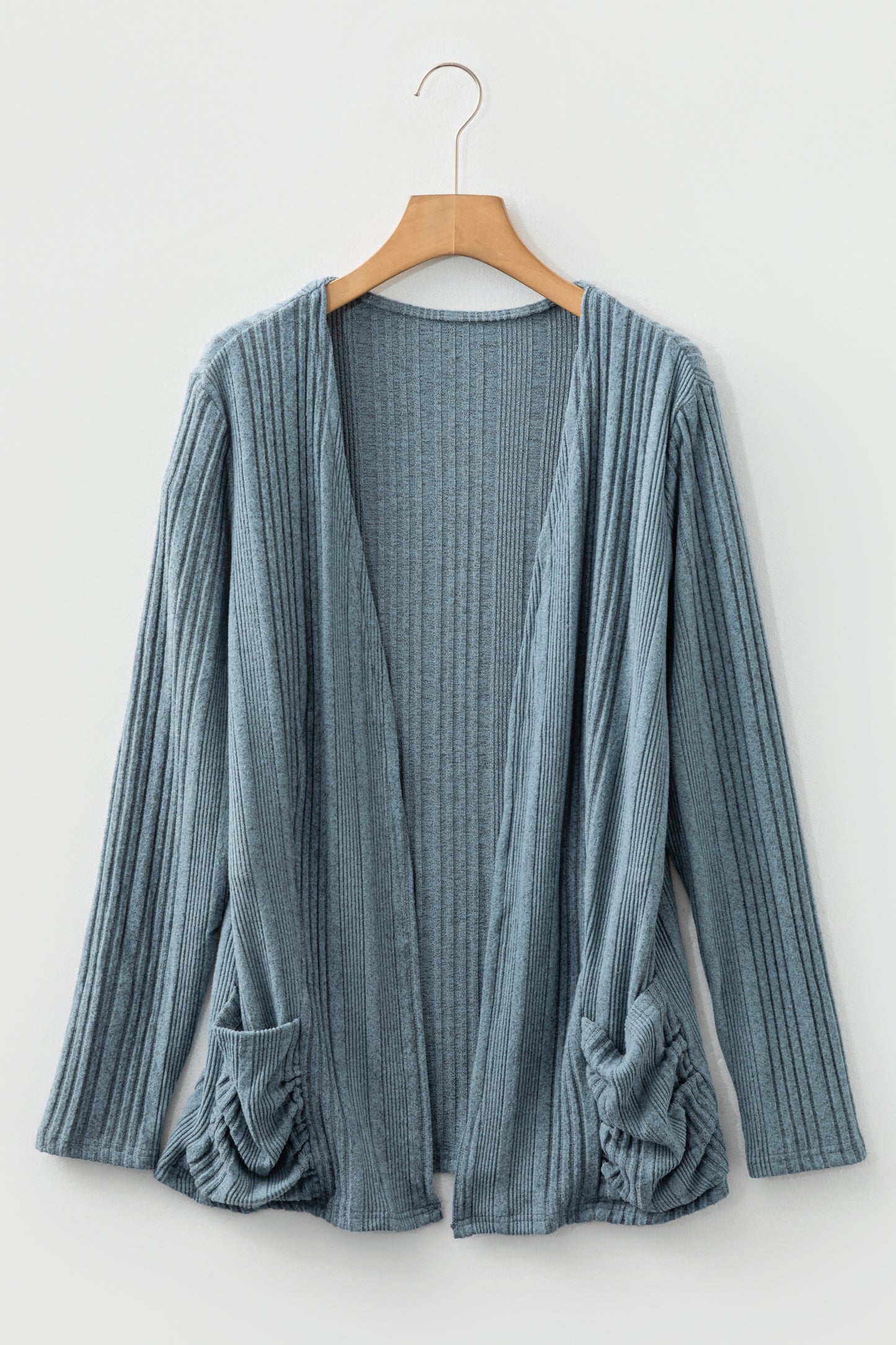 Stone Blue Ribbed Open Front Knitted Top with Pockets