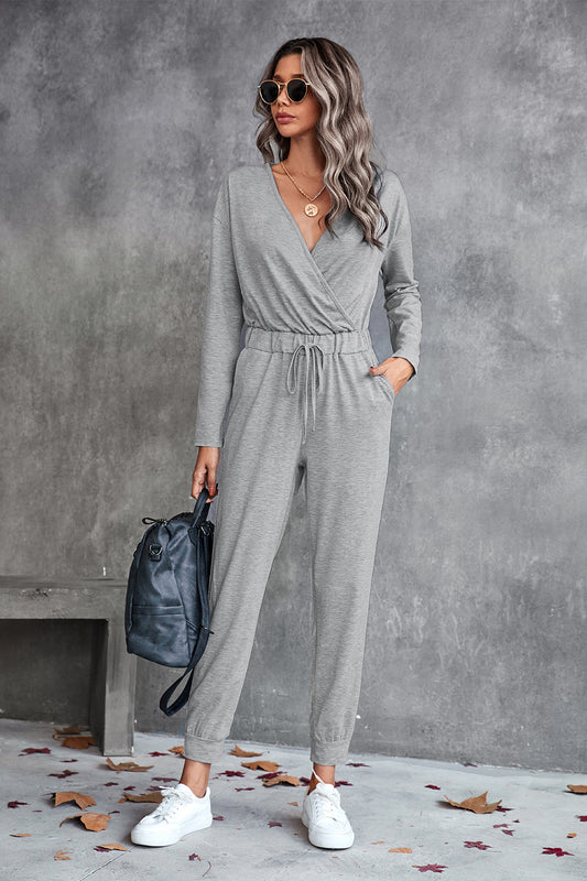 Drawstring Waist Surplice Long Sleeve Jumpsuit - GlamZation