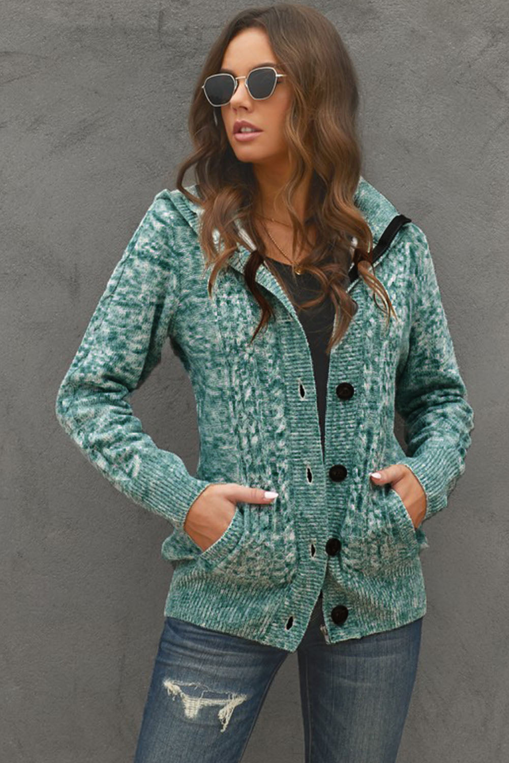 Cable-Knit Fleece Lining Button-Up Hooded Cardigan - GlamZation